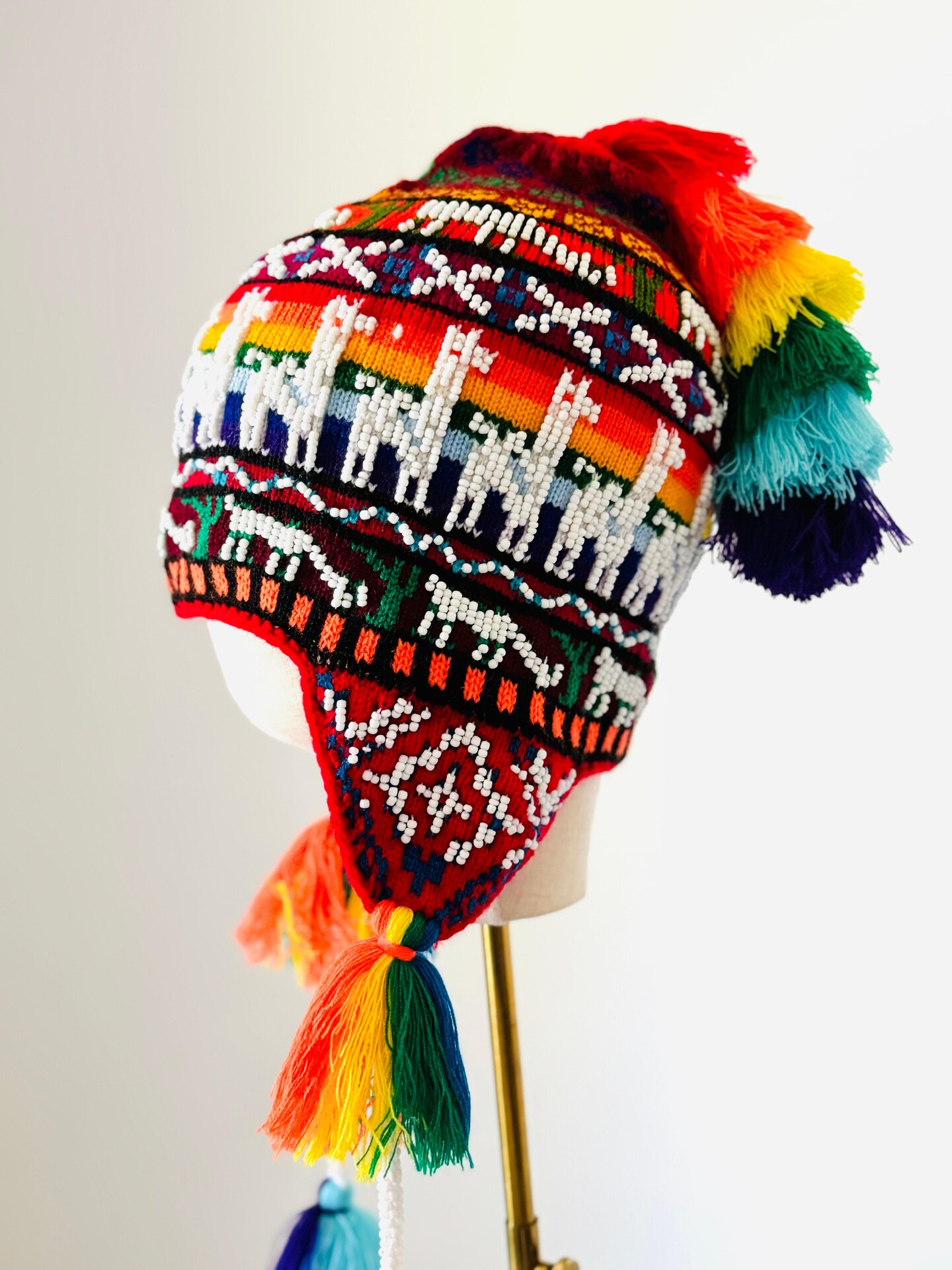 Handmade Artisanal Peruvian Beaded Chullo Hat Rainbow Cusco store Colors