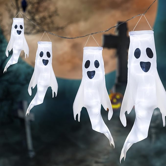 Halloween 4 Ghost Windsocks with Remote Control LED String Lights, Outdoor Halloween Hanging Decorations Battery Powered, Waterproof Ghosts, Cute Decorations for Halloween Party Yard Tree