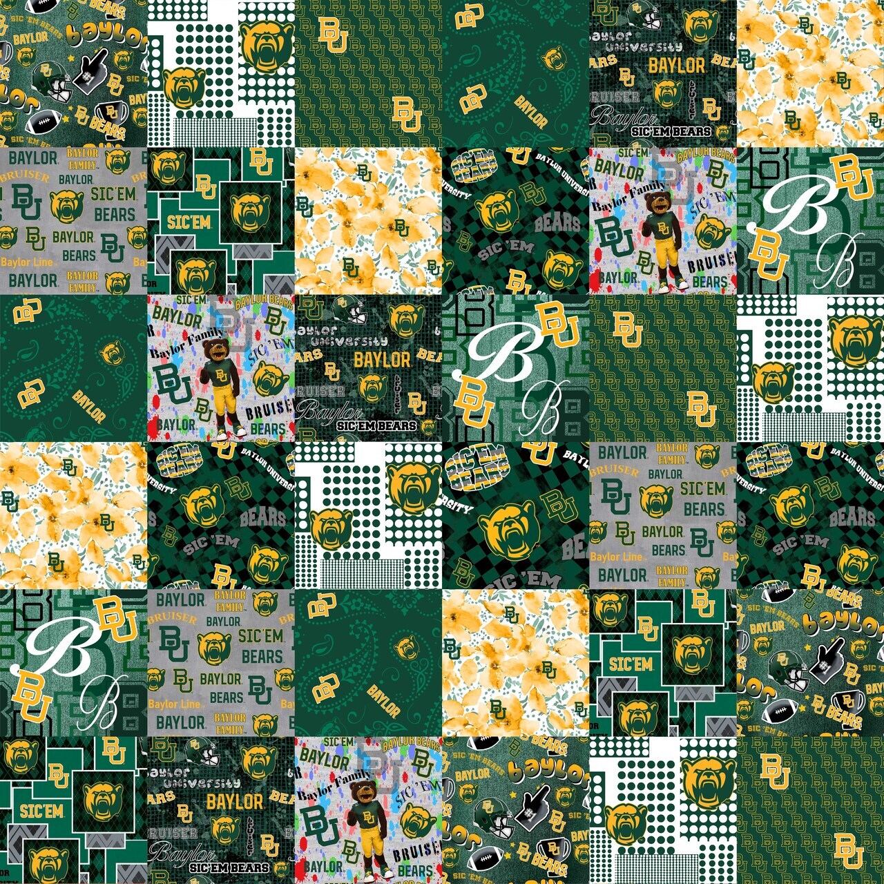 Sykel Enterprises-Baylor University Cheater Quilt Printed Cotton Fabric-Baylor Bears Cotton Fabric with Patchwork Cheater Quilt Print-60&#x201D; Width