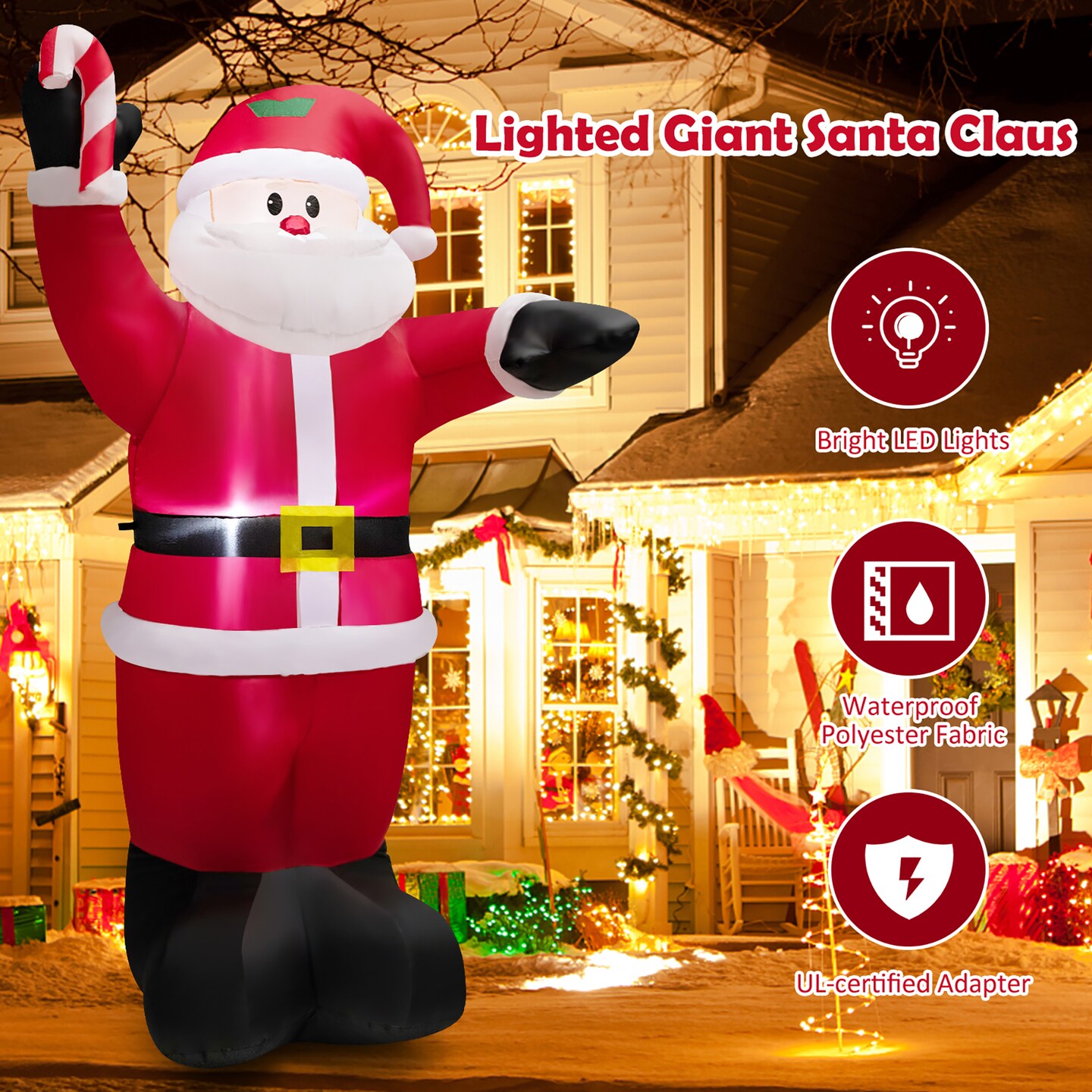 Costway 8 FT Inflatable Santa Claus Holding Crutch Lollipop Blow-up Xmas Decoration