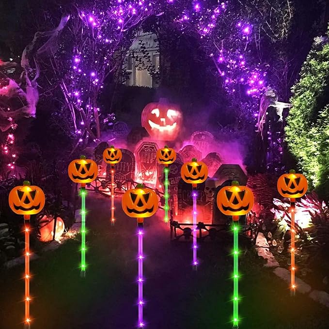 12-Pack Pumpkin Solar Lights for Outdoor Halloween Decorations, Green Orange and Purple Halloween Lights, Light up Jack O Lantern Pumpkins, Solar Garden Lights for Pathway Yard Party Decor