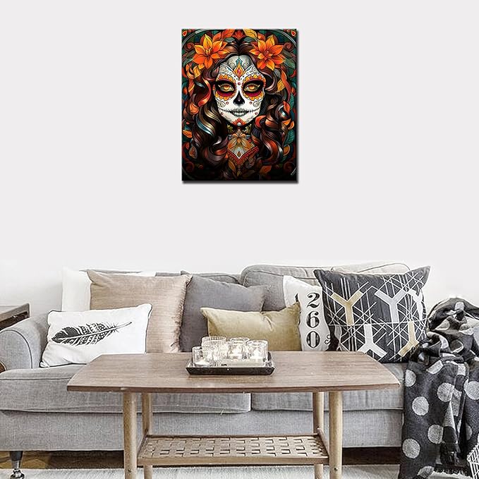 Mexican Day of Dead Diamond Painting for Adults Sexy Sugar Skull Girl 5D Full Drill Crystal Paintwork 16x12 inch,Fashion Skeleton Makeup HD Canvas Diamond Craft Art Bedroom Home Decor(DIY Frame)