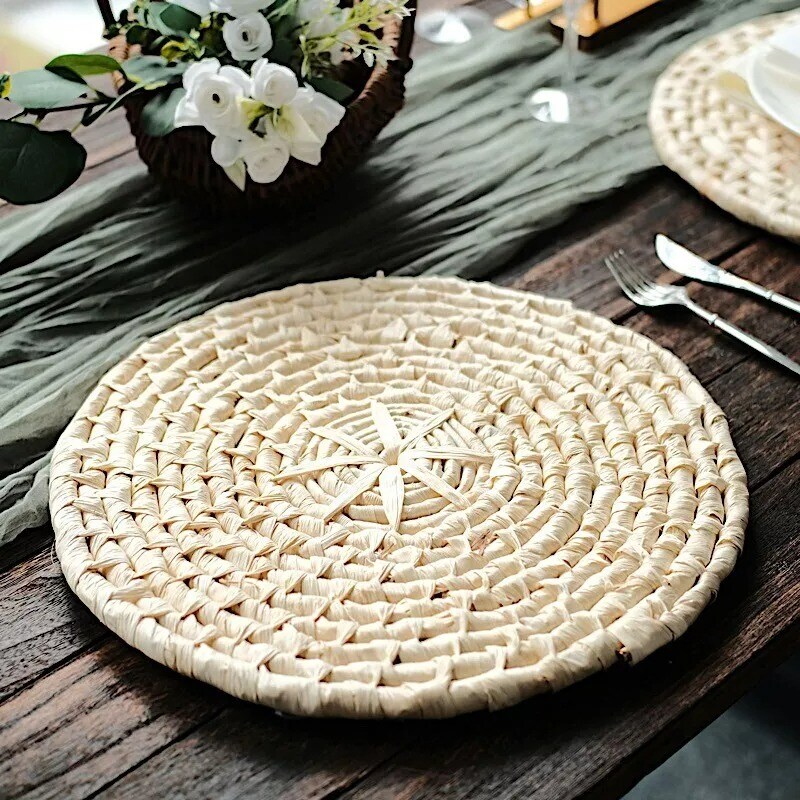 4 Round 15&#x22; Natural Corn Husk Woven Placemats Rustic Tablemats Party Decorations