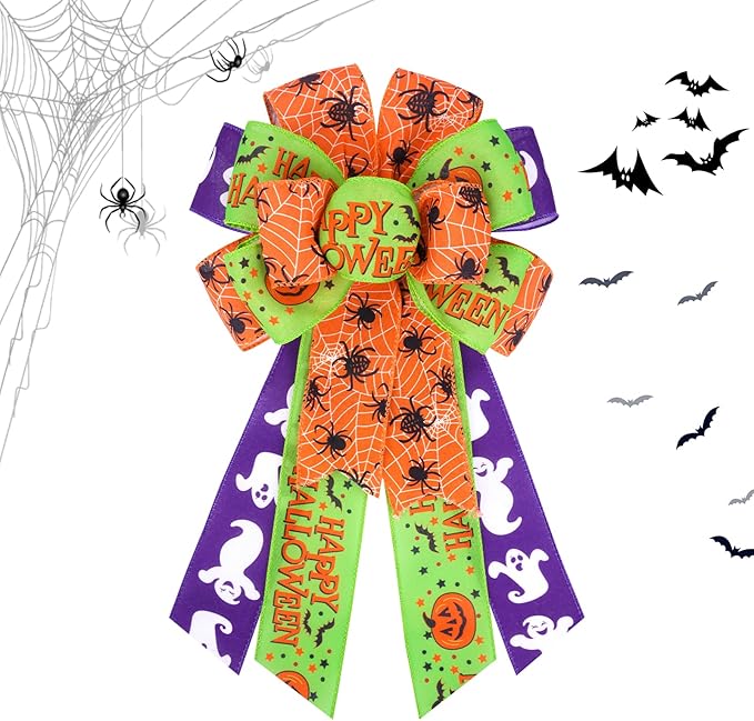 Halloween Wreath Bow, Halloween Decorations Orange Purple Bow Spider Web Burlap Tree Topper Bows for Wreaths, Fall Halloween Decorations for Outdoor, Indoor