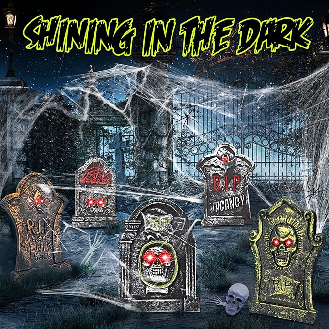 17&#x201D;Rip Tombstones Halloween Decorations with 2 Spiders &#x26; Spiderweb Light Up Headstones for Graves Metal Stakes Indoor Outdoor Scary Yard Sign Vintage Glow In The Dark Cemetery Lawn Decor