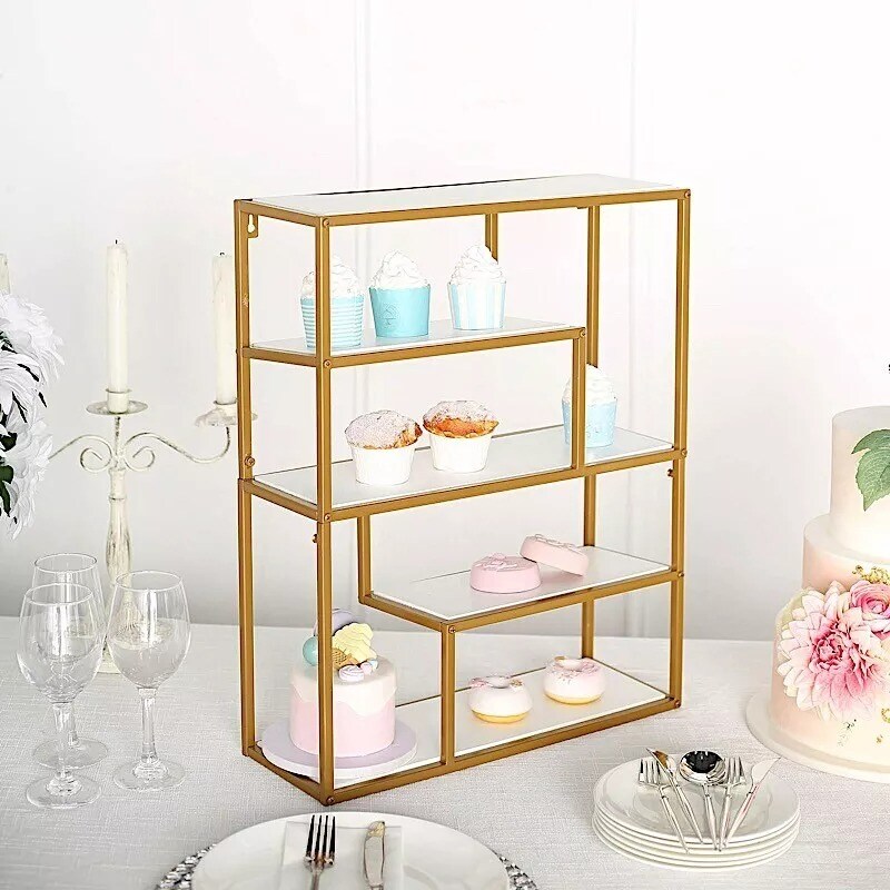 White Gold 22&#x22; Rectangular 4 Tier Metal Wood Geometric Hanging Shelf Party Home