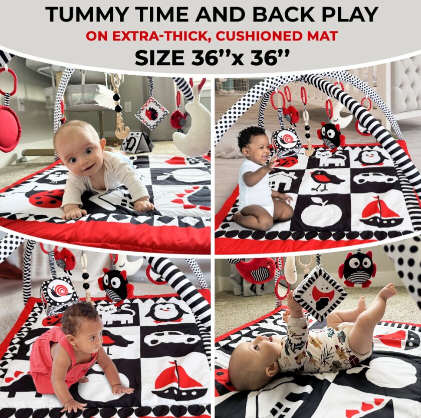 QUOKKA Padded Baby Mat for Floor Tummy Time - High Contrast Baby Kick and Play Mat - 6 Toys | Thick Pad | Machine Washable | Black White Red Colors for Vision Development