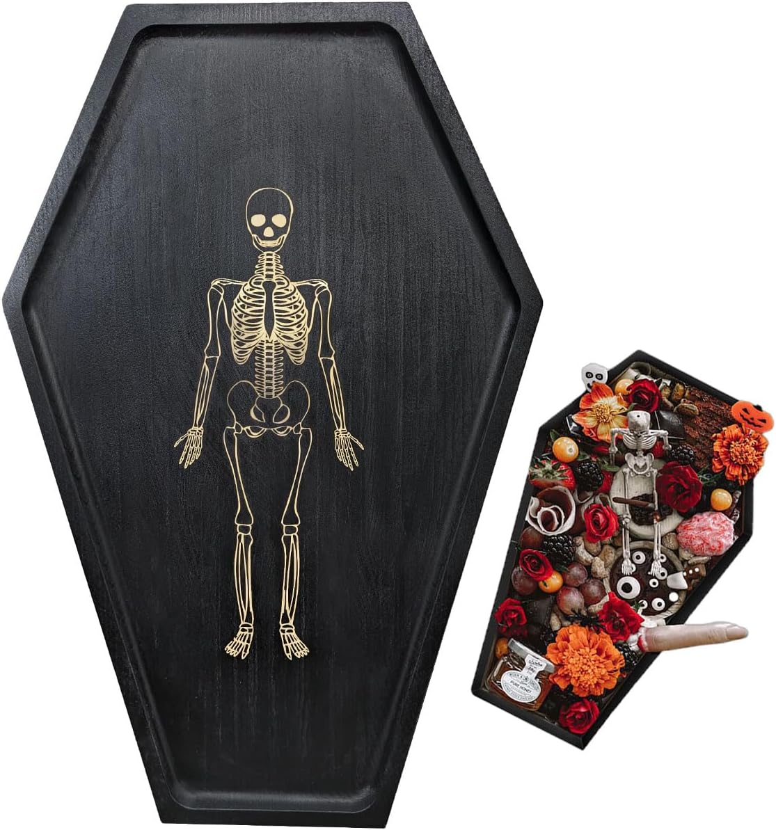 17.8'' Tall Halloween Coffin Charcuterie Boards with Engraved Skeleton Decor - Halloween Serving Trays and Platters Horror Party Decorations, Halloween Food Tray Cheese Dishes Accessories