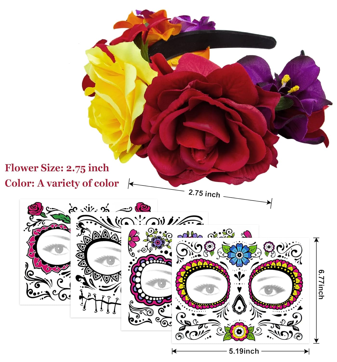 Rose Flower Halloween Headband &#x26; Day of the Dead Face Tattoos, Temporary Tattoo Stickers and Mexican Floral Headpiece for Halloween Costumes Party Supplies Cosplay Festival , Day Of the Dead headband