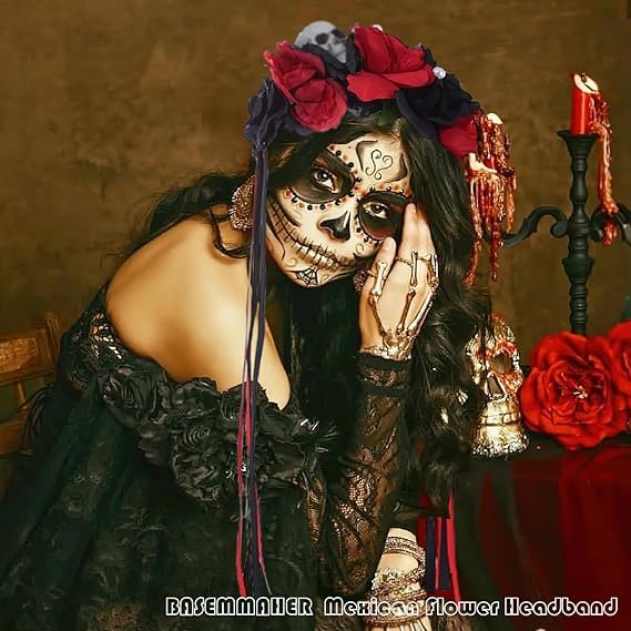 Flower Day of the Dead Rose Headbands Halloween Skull Mexican Black Red Rose Floral Crown with Ribbon Gothic Headpiece for Women Girls Halloween Costume Bridal Cosplay Party Headwear