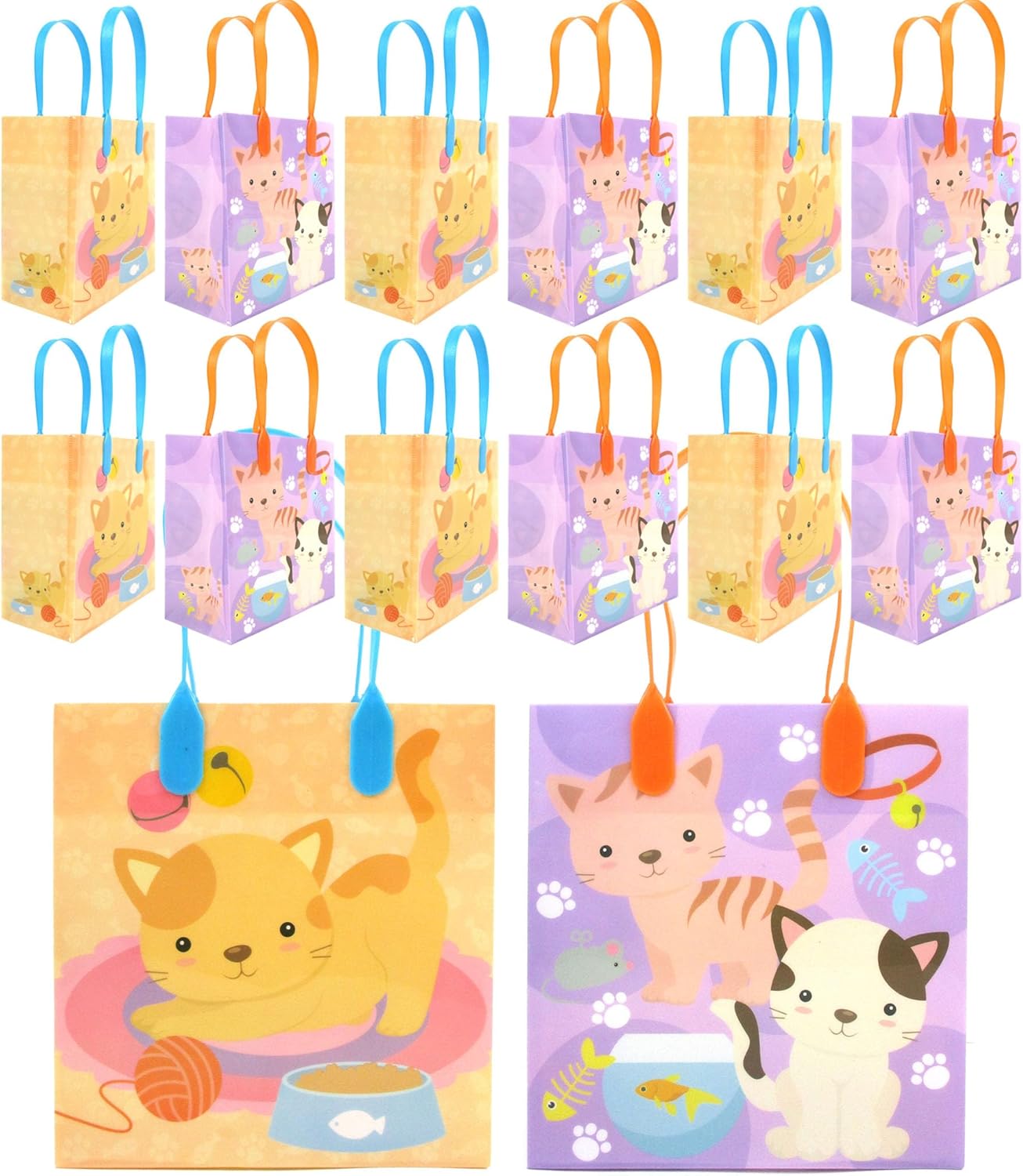 TINYMILLS Cats and Kittens Party Favor Bags Cat and Kitten Goody Bags with Handles for Cat and Kitten Theme Birthday Party Pack of 12