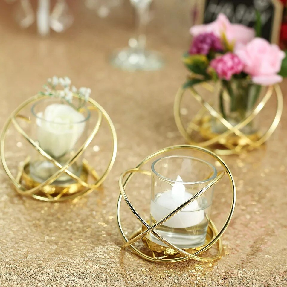 3 Gold 3" Geometric Metal Votive Candle Holders Flower Vases Party Home Supplies