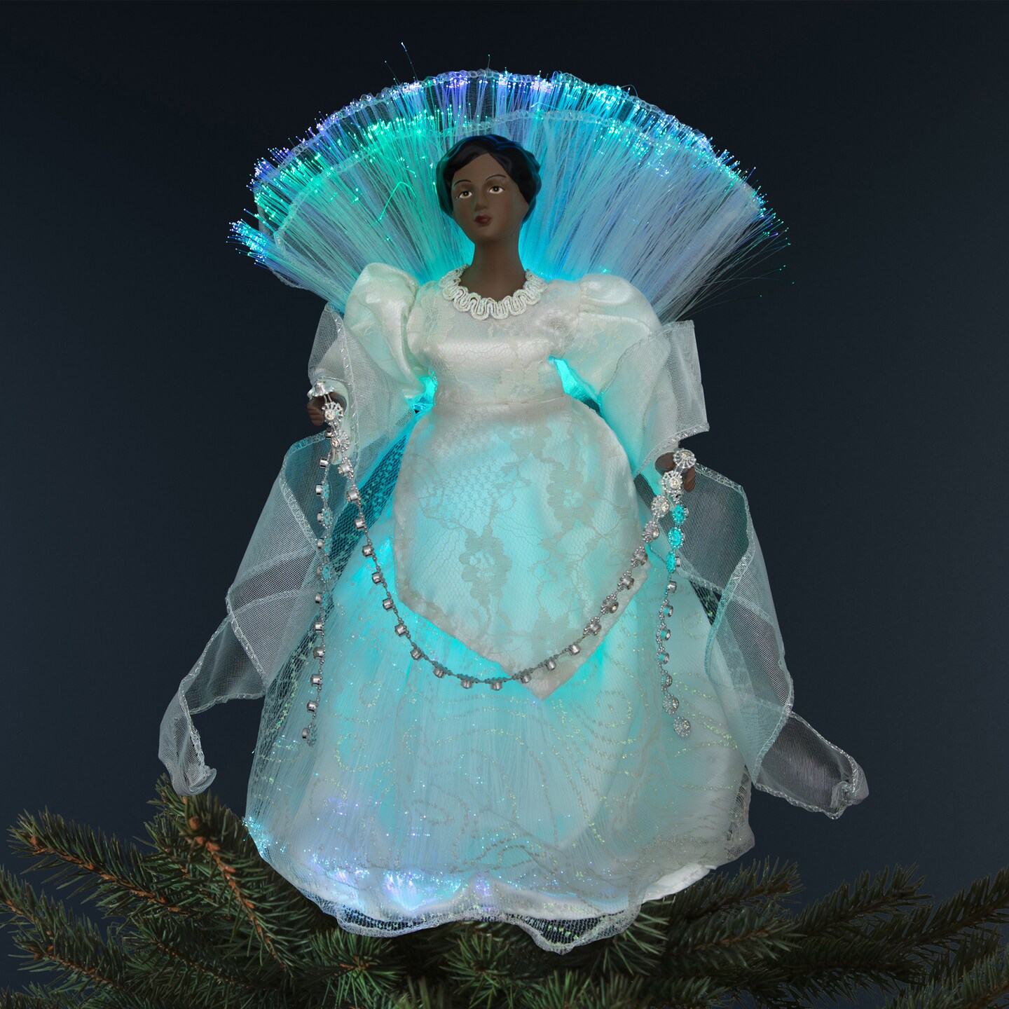 Northlight Lighted Fiber Optic African American Angel Christmas Tree Topper - 12" - Silver