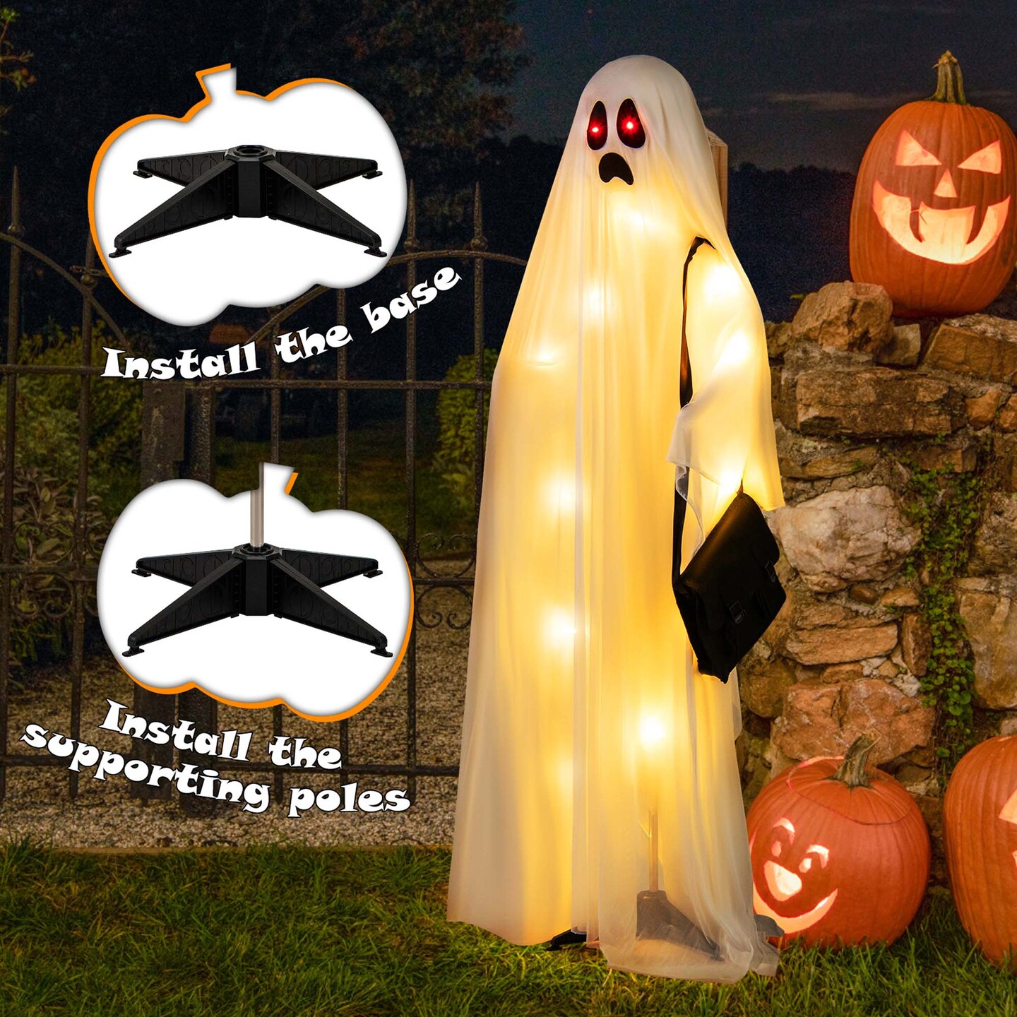 Costway 4 PCS Halloween Light up White Cloth Ghosts Life-size Standing Ghost Family with Red and Warm White LED Lights