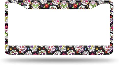Day of The Dead License Plate Frame Auto Tag Frames Floral License Plates Holder 2 Holes Sugar Skull Gothic Halloween Decorative Car Truck Motorcycle License Plates Cover Tag for Men Women