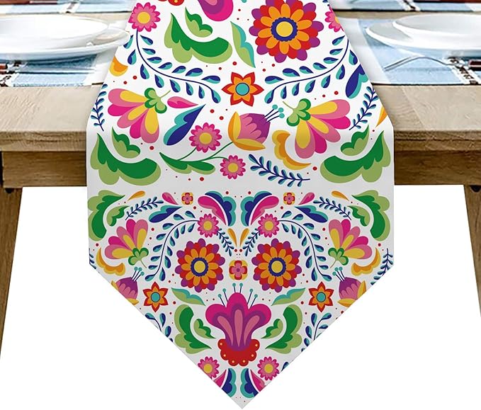 Mexican Table Runners for Fiesta Day of The Dead Dia De Los Muertos Cinco De Mayo Linen Rustic Home Dining Room Kitchen Table Decorations (Mexican 01)