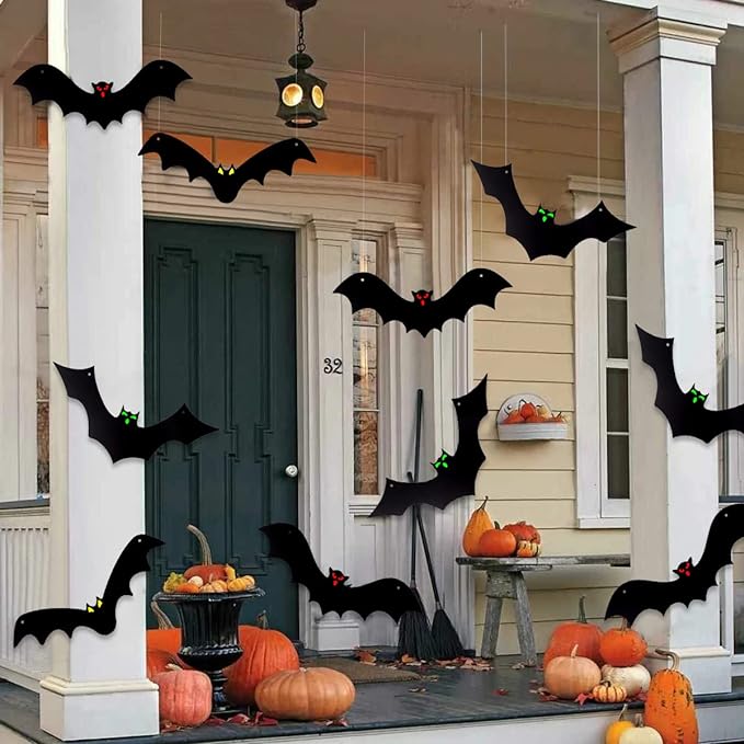Halloween Hanging Bats 12 Pieces 3D Realistic Scary Large Fake Black Hanging Flying Bat Spooky for Yard Sign Outdoor Indoor Lawn Decorations(3 Style)