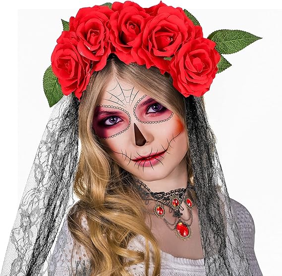 2 Pieces Day of The Dead Veil Headband Headpiece Mexican Headband Rose Floral Crown Veil and Lace Choker Lace Rhinestone Necklace Halloween Costume