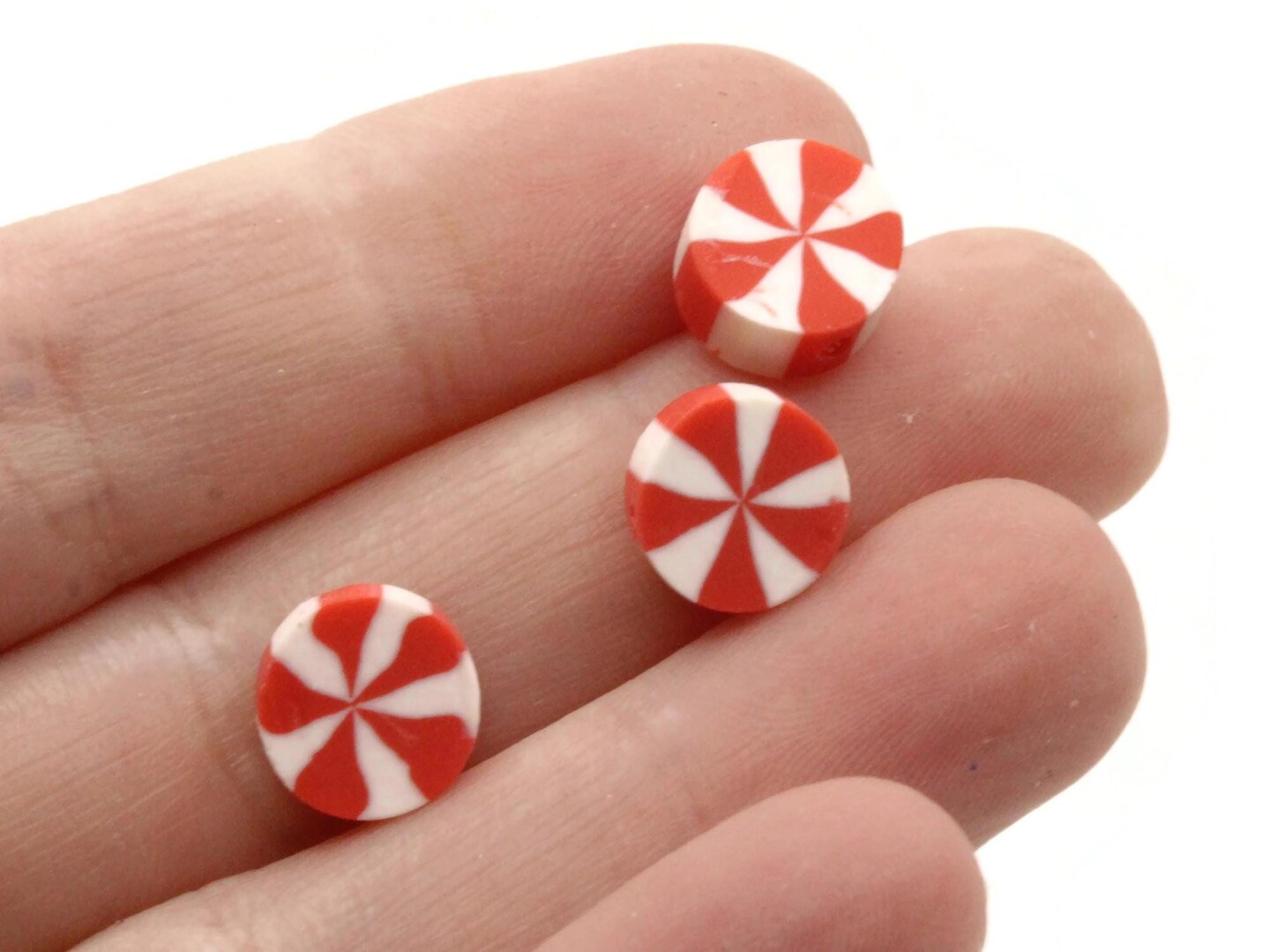 30 Peppermint Polymer Clay Red and White Small Loose Coin Beads