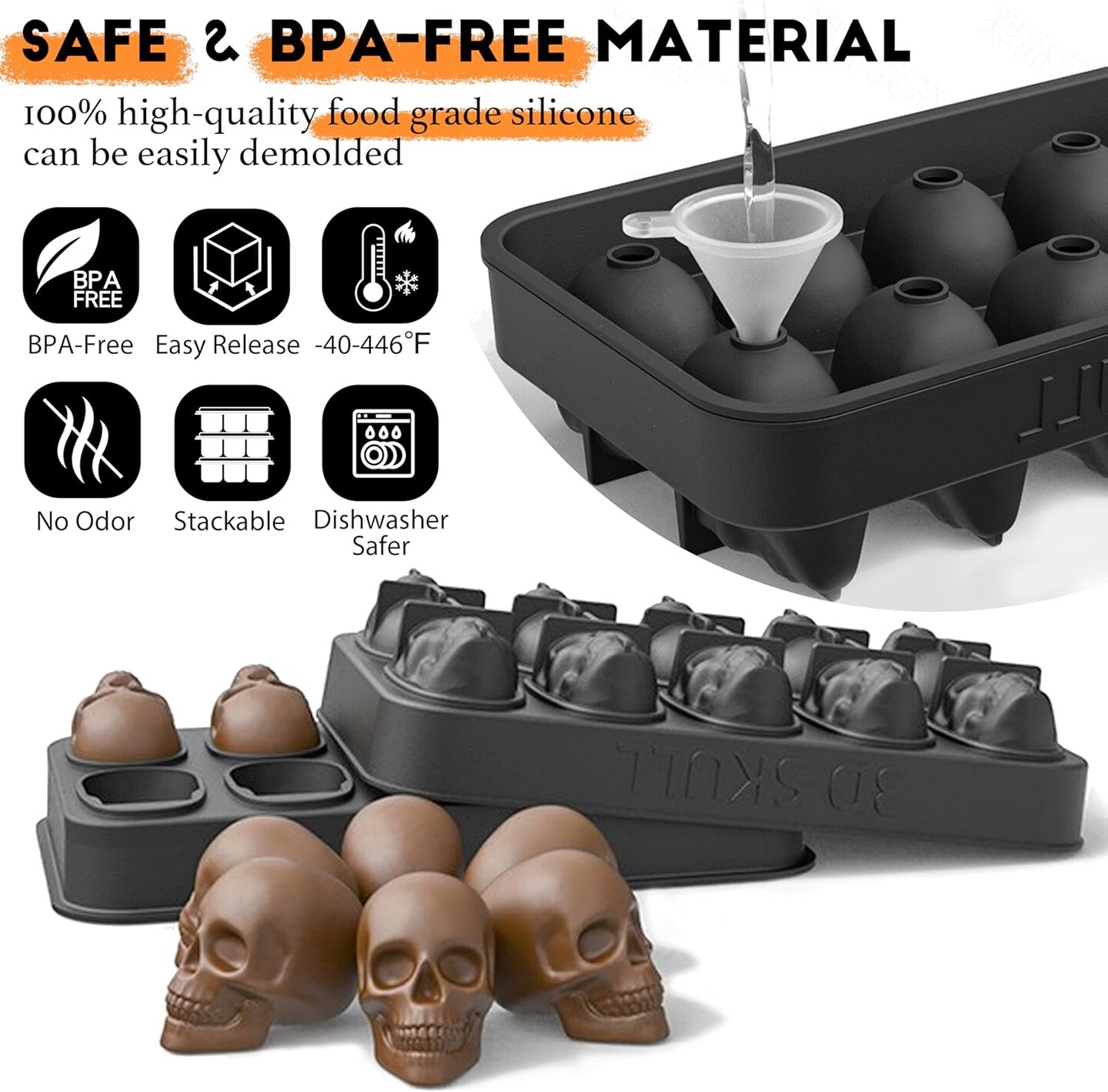 Skull Ice Cube Mold Silicone 3D Tray 10 Cavities, BPA-Free Skeleton Head Chocolate Moulds Candy Maker, Flexible & Easy Release for Baking Whiskey Cocktail Pudding Resin, Ideal Gift for Halloween Party