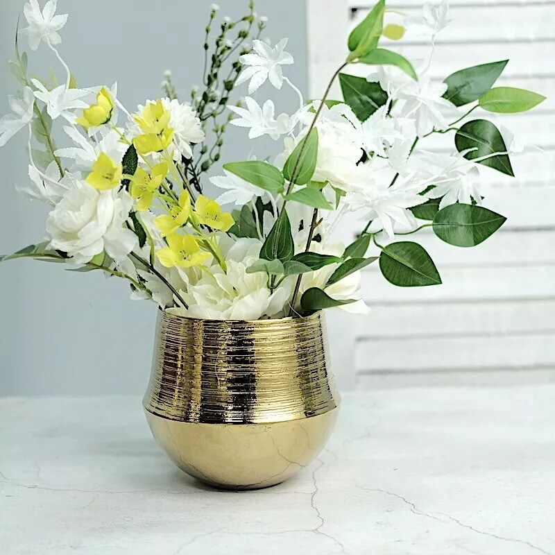 2 Gold Round 6&#x22; Textured Ceramic Flower Pots Succulent Planters Party Events