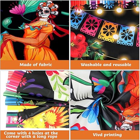 Day of The Dead Backdrop Banner, Extra Large Dia De Los Muertos Banner Skull Mexican Photo Background Party Decorations for Halloween Day of The Dead Decorations, 70.8&#xD7;43.3inch