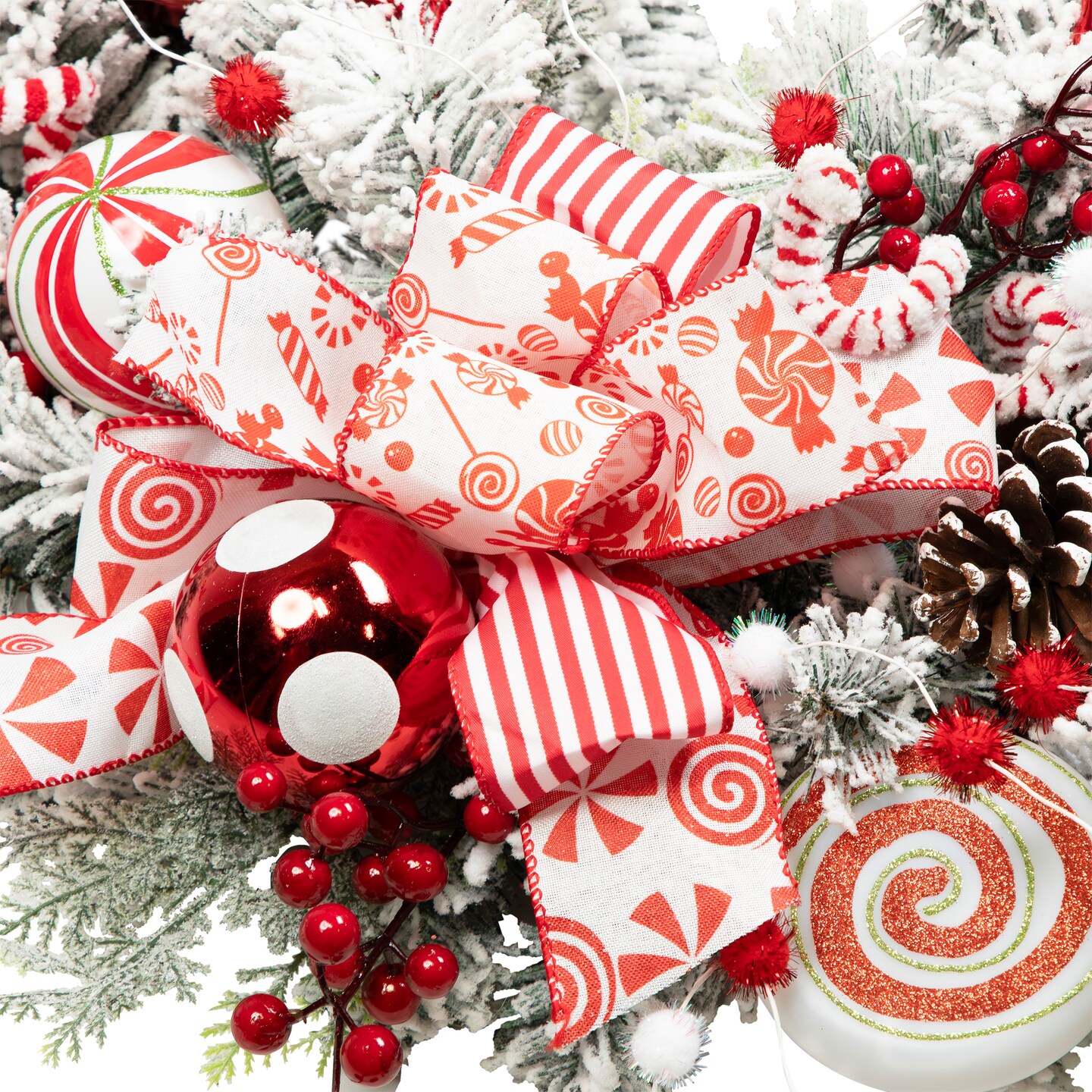 Northlight Heavily Flocked Pine with Candy Cane Striped Ornaments Christmas Wreath - 28&#x22; - Unlit