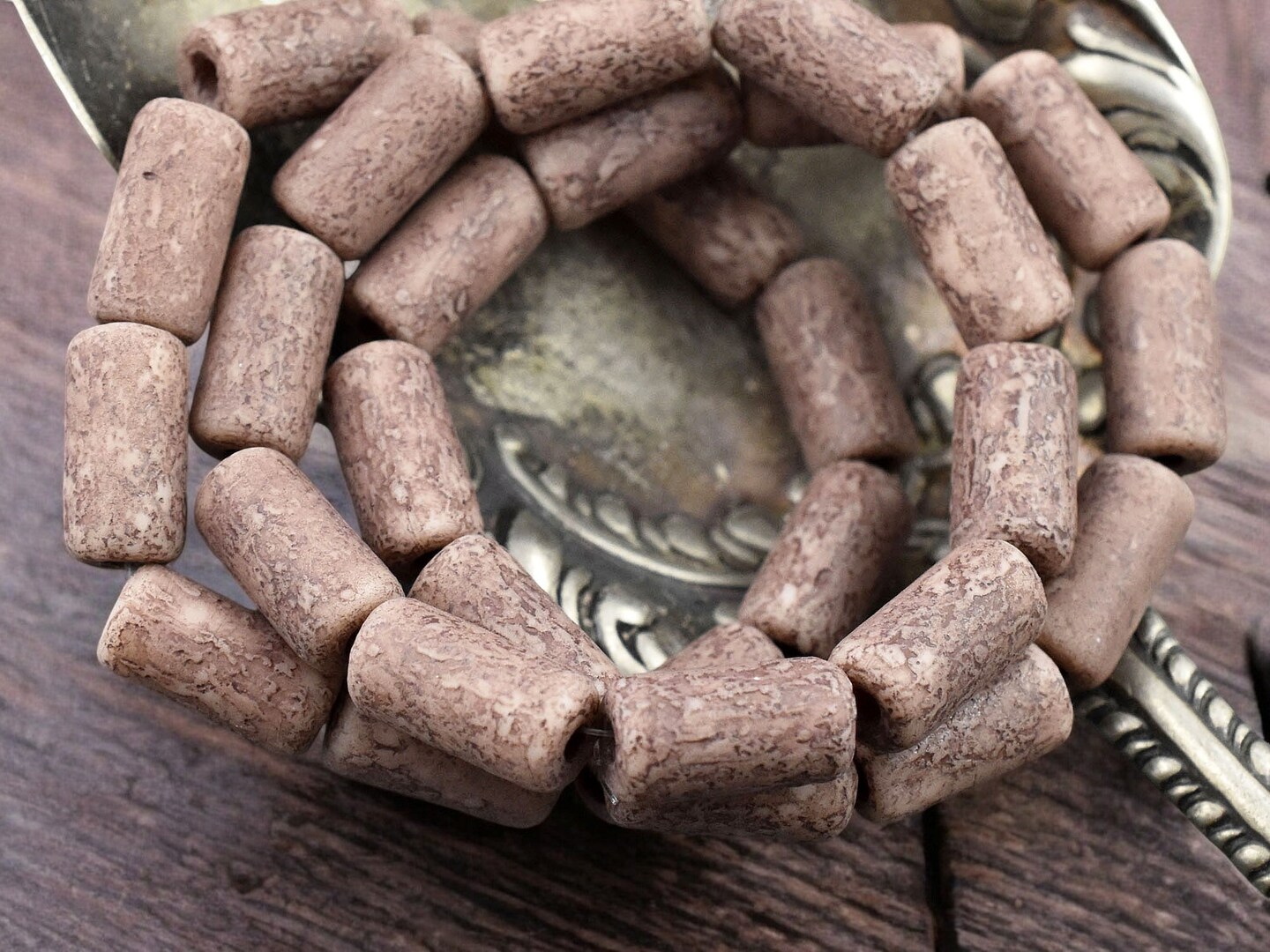 *10* 14x7mm Brown Washed Etched Salmon Pink Large Hole Tube Beads