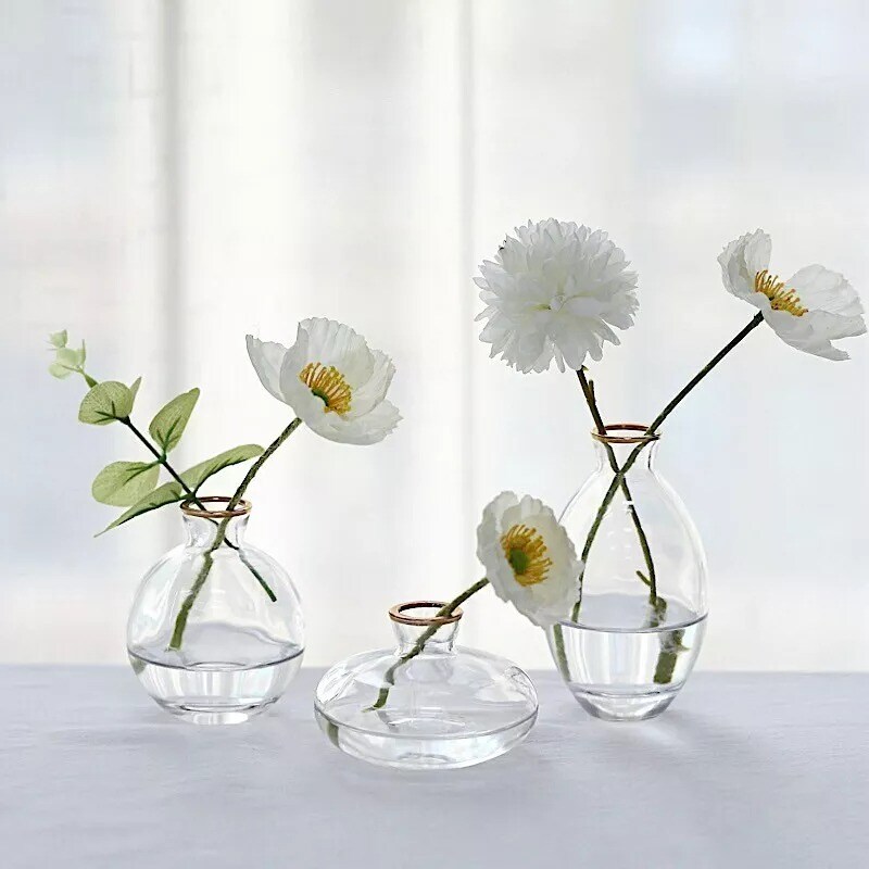 3 Clear Small Glass Flower Vases Centerpieces Metallic Gold Rim Party Events