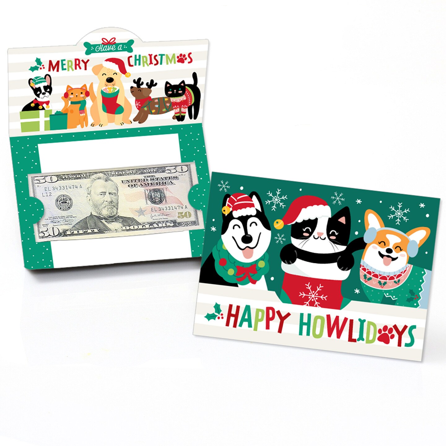 Big Dot of Happiness Christmas Pets - Cats and Dogs Holiday Party Money And Gift Card Holders - Set of 8