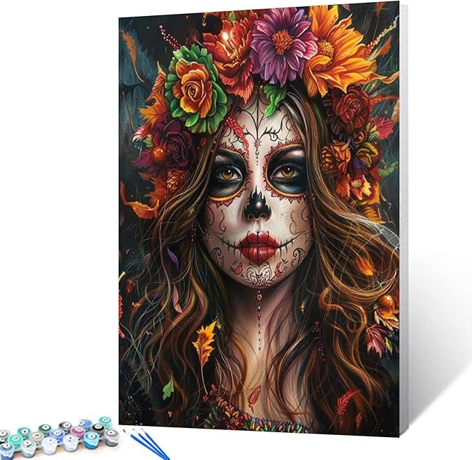 Dia De Los Muertos Skeleton Paint By Number Kit - 16x20 Inch DIY Oil Painting For Adults & Kids