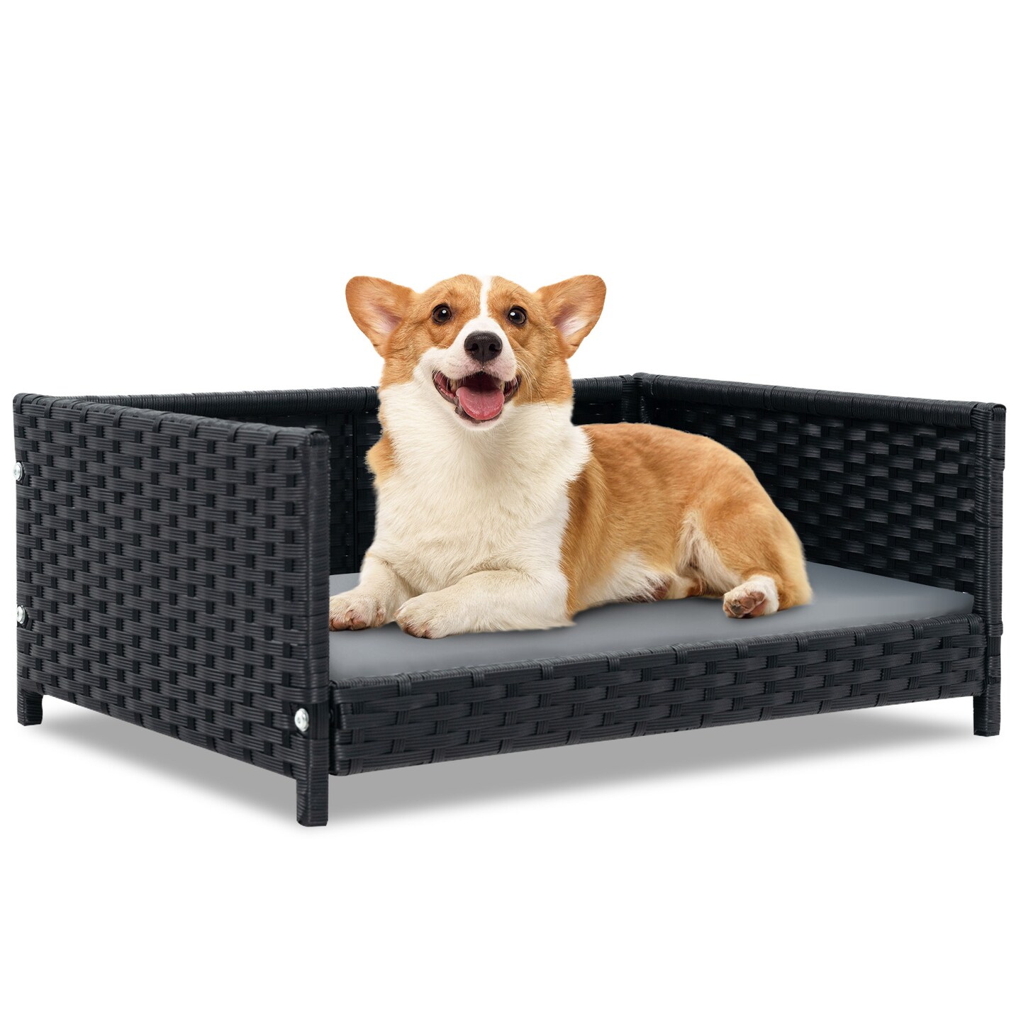 Rattan Dog Bed with Waterproof Soft Cushion for Medium Small Dogs Cats-Grey