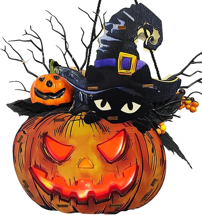 Halloween Pumpkin Lights,10 Inch Battery-Operated Jack O Lantern with Maple Leaves,Black Cat,Witch Hat,Berries,Twigs,Wood Pumpkin Built-in Timer for Halloween