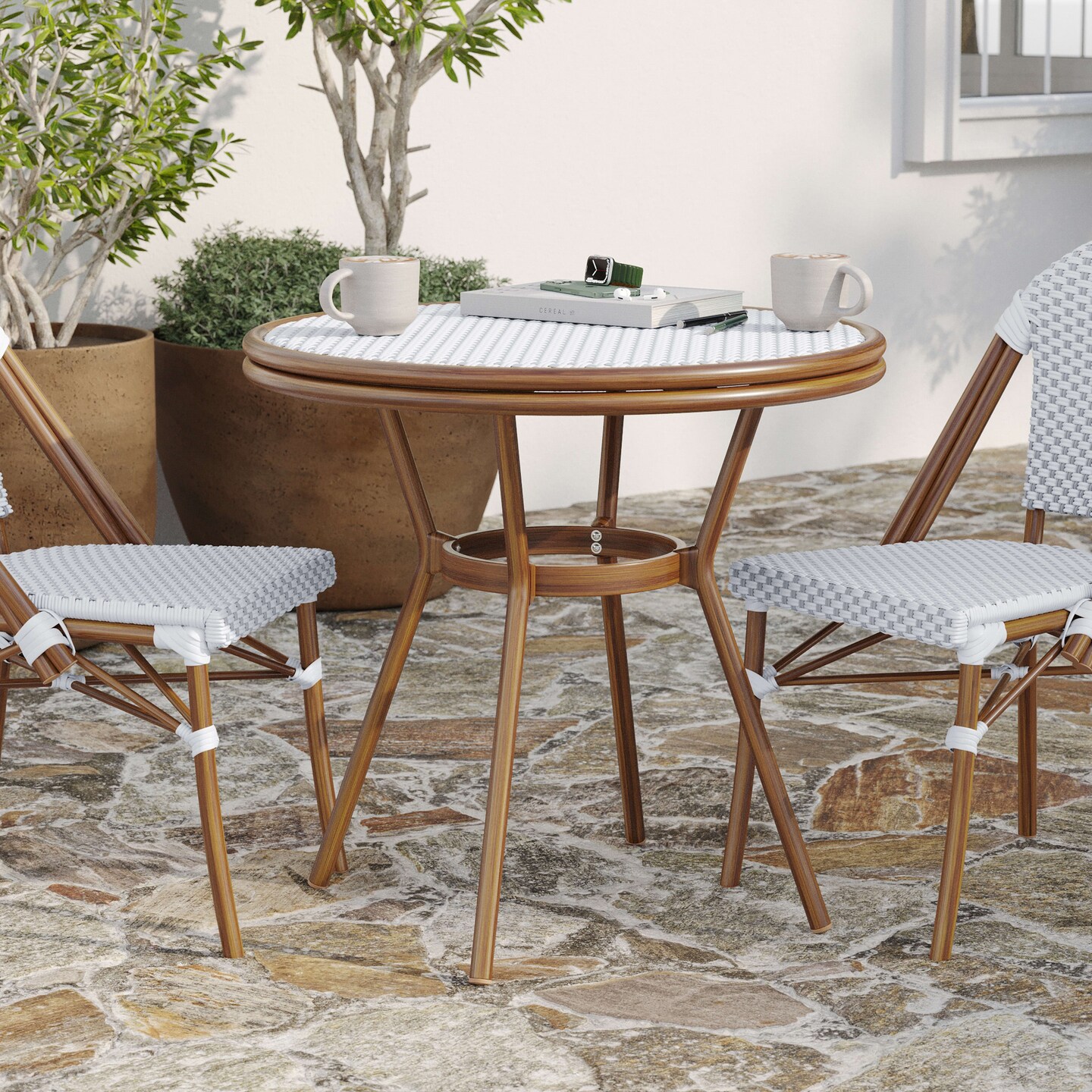 Merrick Lane Celia Bistro Style Table with Tempered Glass Top, PE Rattan, and Bamboo Finished Metal Frame for Indoor/Outdoor Use