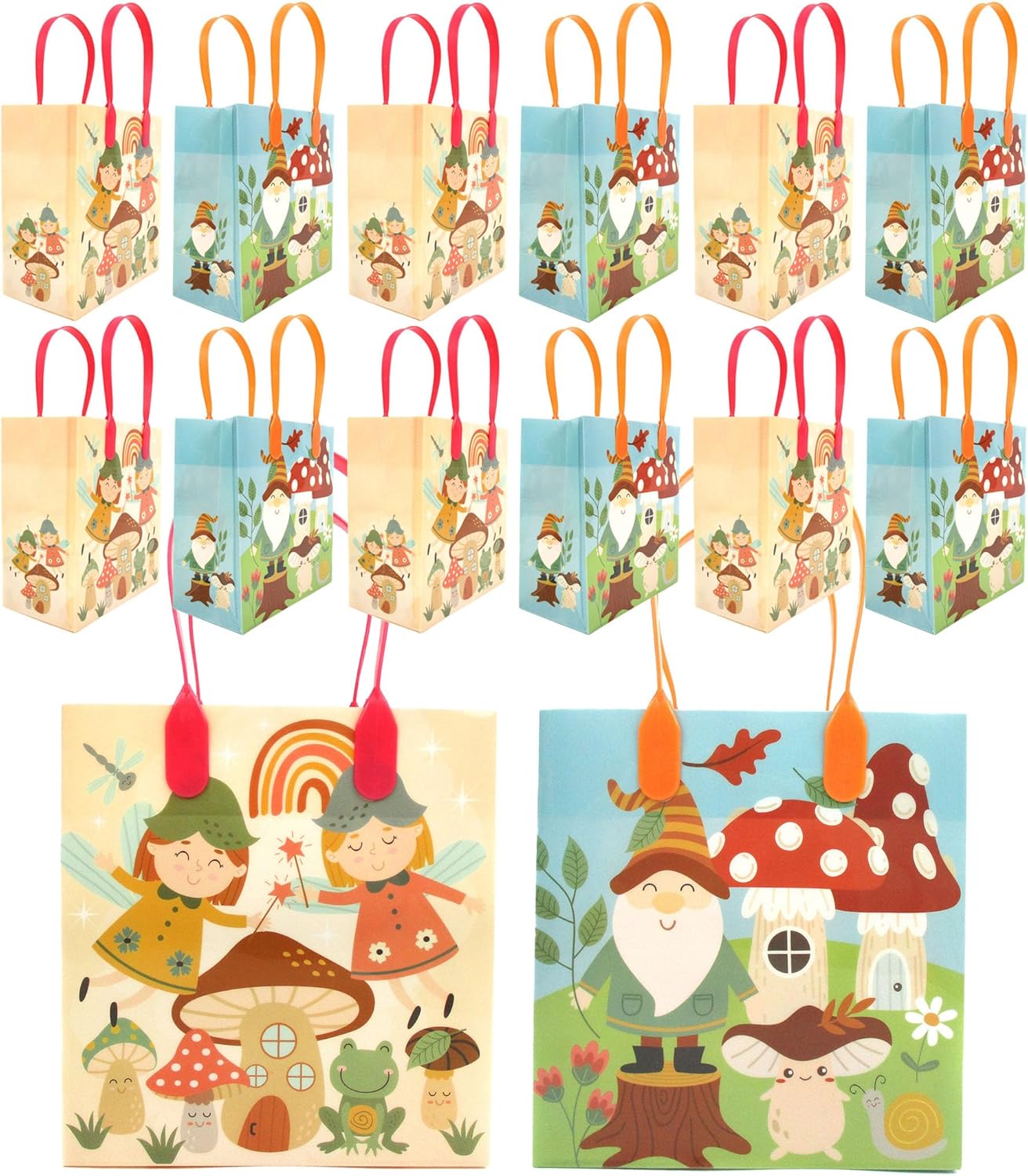 TINYMILLS Garden Gnomes Mushroom Woodland Fairies Party Favor Treat Bags Goodie Bags with Handles Pack of 12