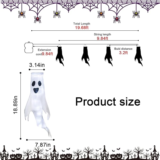 Halloween 4 Ghost Windsocks with Remote Control LED String Lights, Outdoor Halloween Hanging Decorations Battery Powered, Waterproof Ghosts, Cute Decorations for Halloween Party Yard Tree