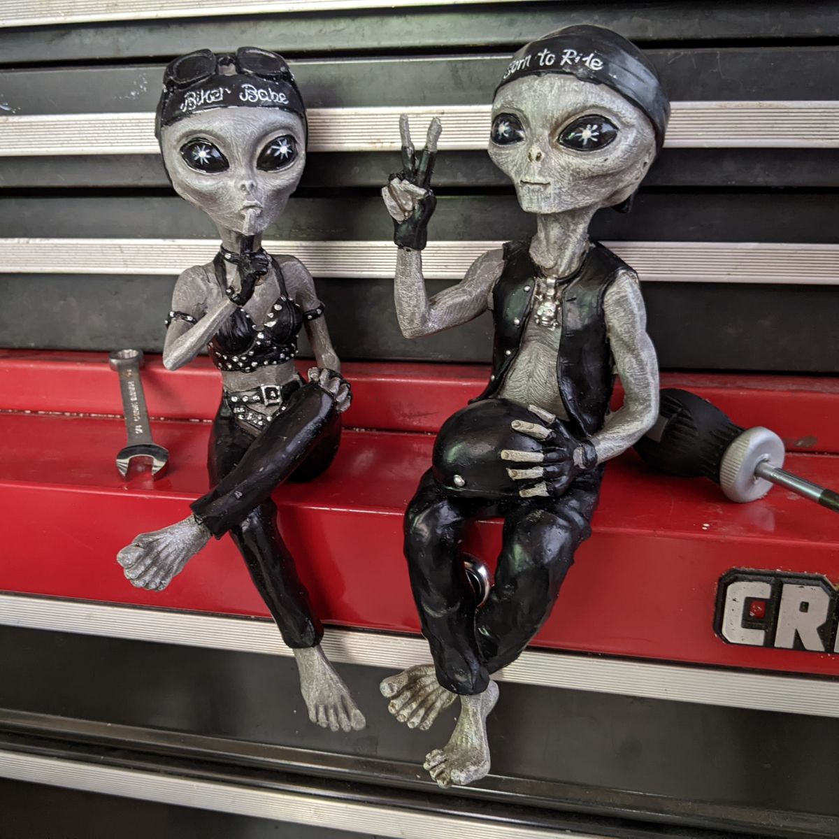 Alien Invasion Biker Babe and Biker Dude Ledge Loungers “Peace and