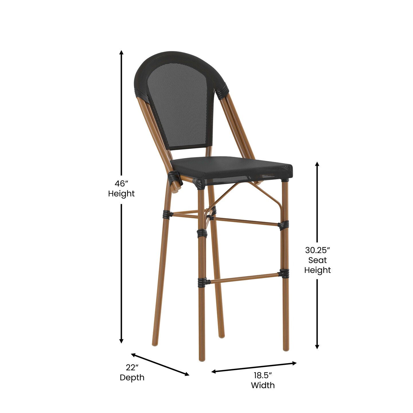 Merrick Lane Mael Set of Two Stacking Bistro Style Bar Stools with Textilene Backs and Seats and Metal Frames for Indoor/Outdoor Use
