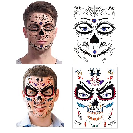 Halloween Temporary Face Tattoos (12Pack), Konsait Day of the Dead Sugar Skull Floral Black Skeleton Web Red Roses Full Face Mask Tattoo for Women Men Adult Kids Boys Halloween Party Favor Supplies