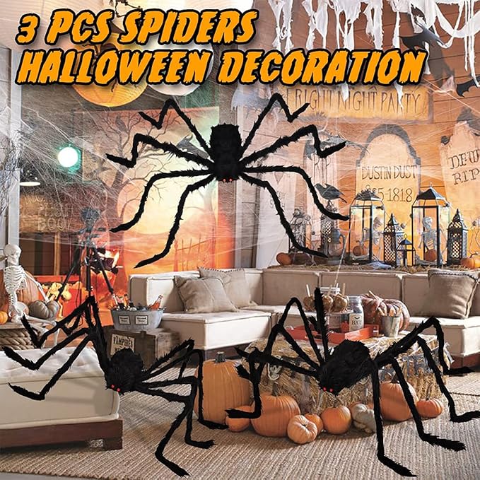 Halloween Giant Spider Decorations (3 PACK), Realistic Halloween Spider Props, Fake Scary Hairy Spiders Sets for Halloween Decorations Indoor, Outdoor and Yard Creepy Decor (59&#x22;, 49&#x201D;, 35&#x201D;)