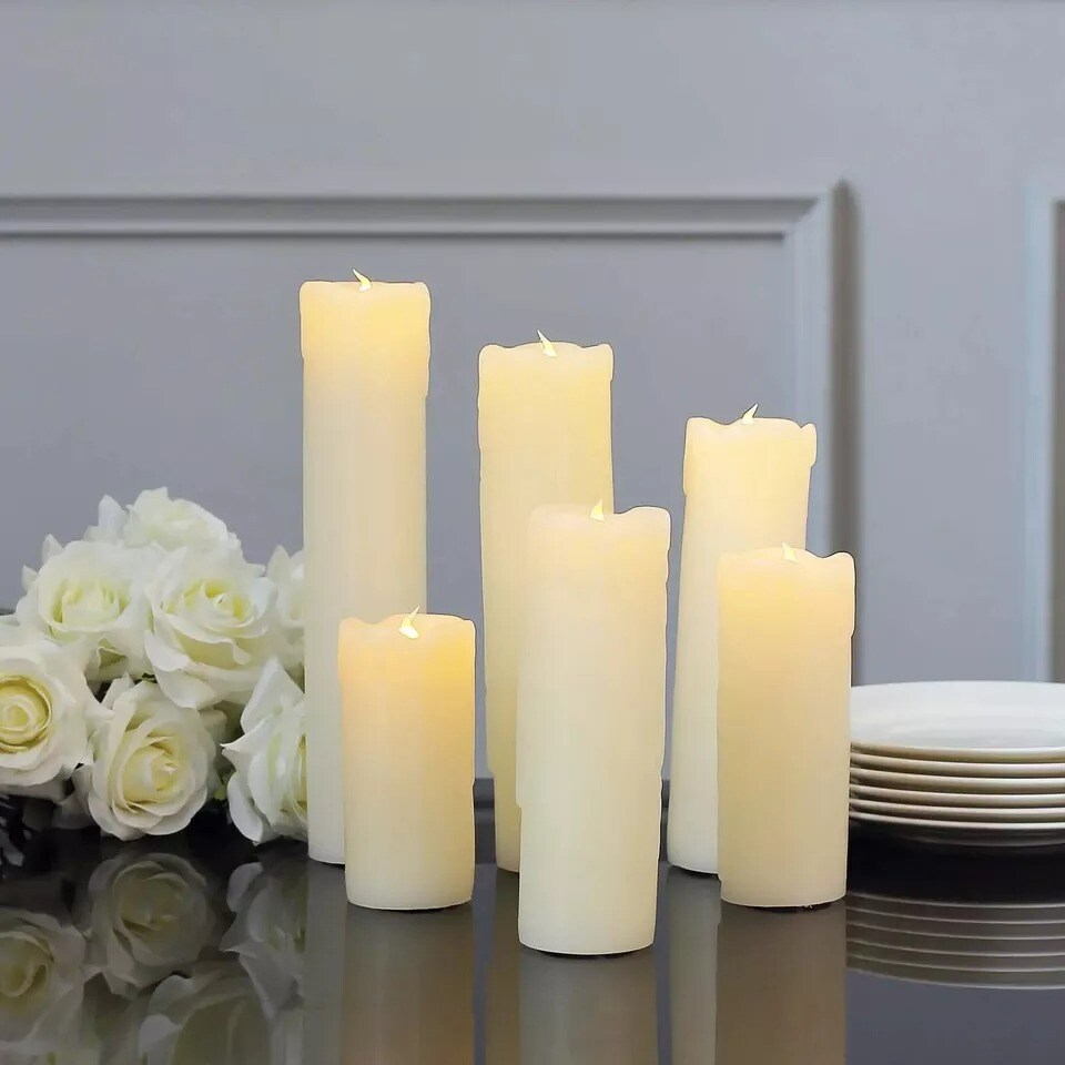 6 LED Warm White Candles Dripping Wax Design Pillar Lights Party Decorations