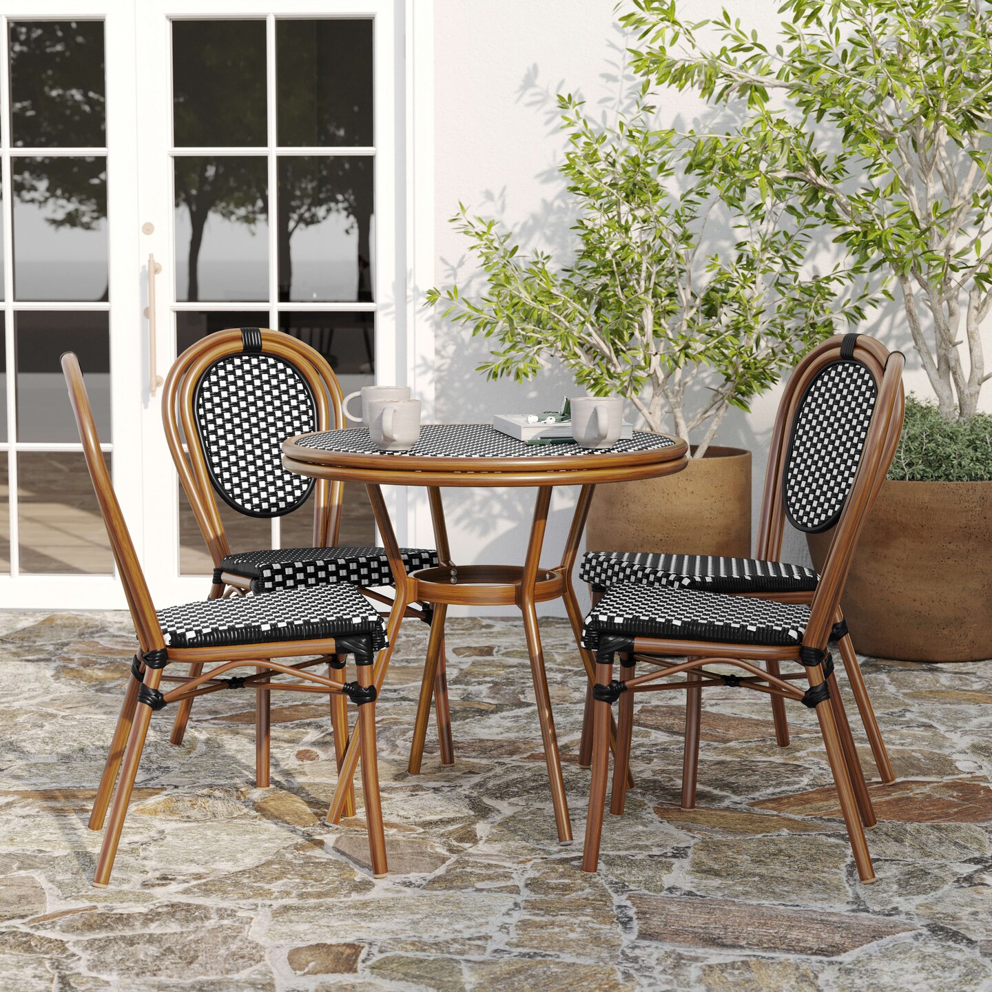 Merrick Lane Celia Set of Four Stacking Thonet Bistro Style Chair, PE Rattan Seat, and Metal Frame for Indoor/Outdoor Use