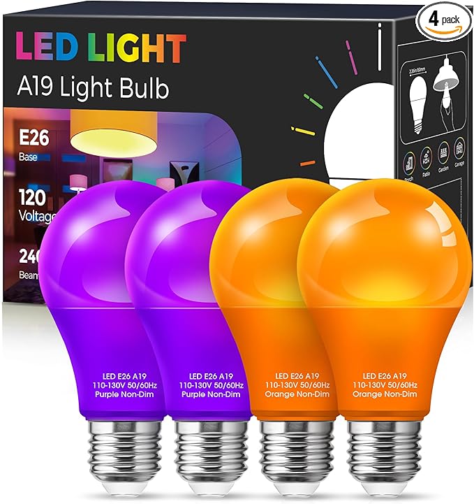 Purple Orange Light Bulbs Outdoor [ 4 Pack ] LED A19 Halloween Light Bulbs LED Orange Light 9W (60W Equivalent) - E26 Purple LED Light Bulb for Porch Light Colored Christmas Party Home Decor