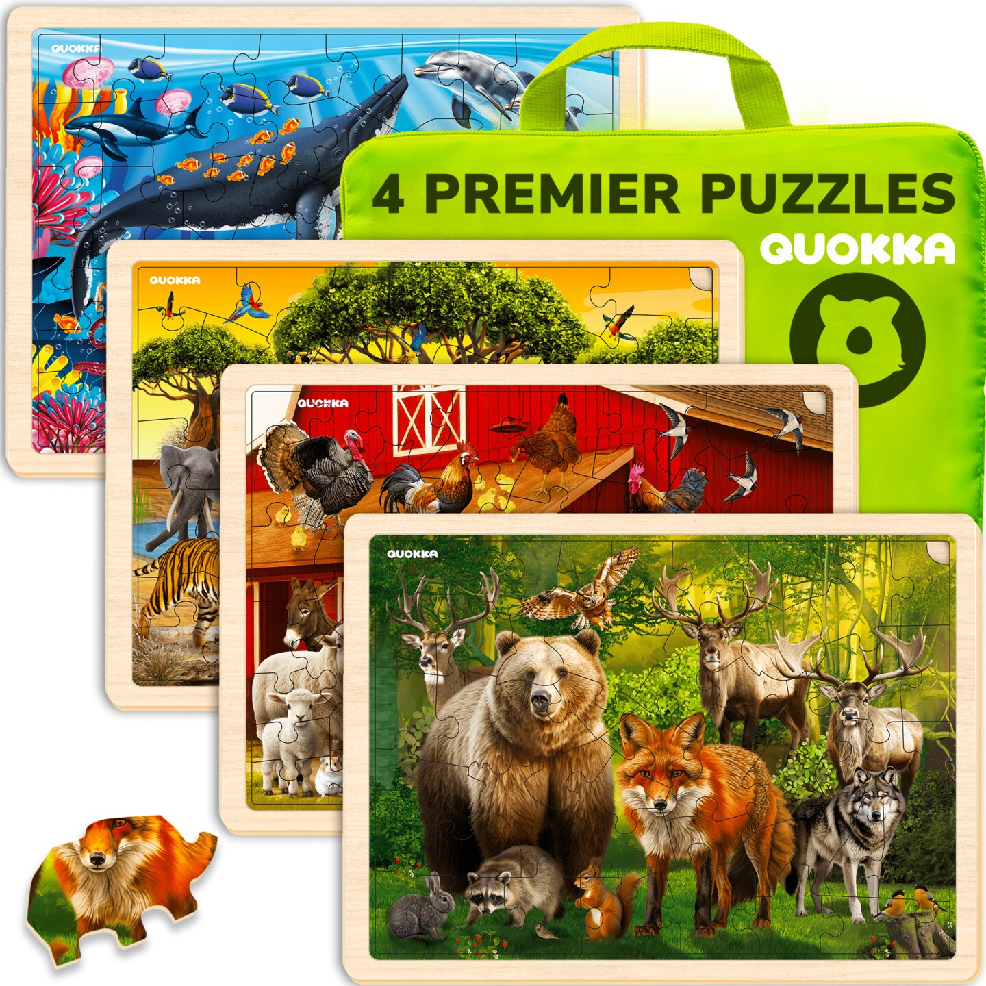 QUOKKA 4 Set 48 Pcs  Wooden Puzzles for Kids | Wild Animals, Africa, Ocean &#x26; Farm