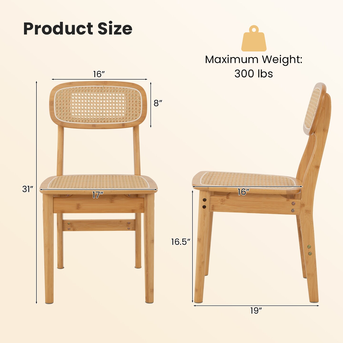 2-Piece Wicker and Rattan Dining Chair Set with Breathable Hollow Design, Natural