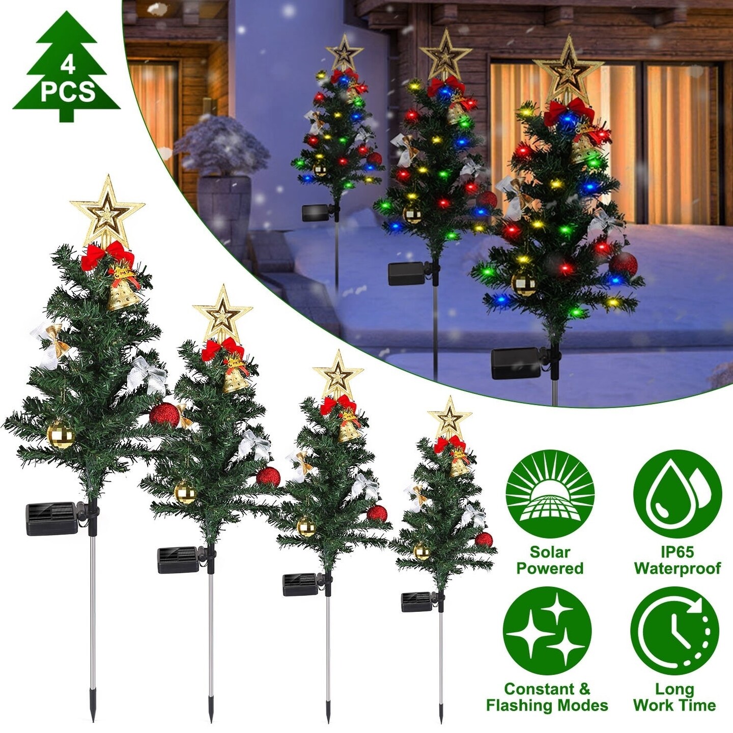 4Packs Solar Christmas Tree Lights Xmas Garden Decorations Tree Stake Lamp 20Leds Solar Decor Light With Constant And