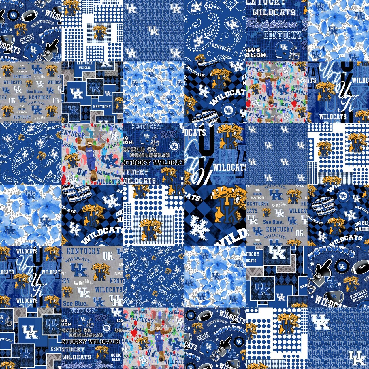 Sykel Enterprises-University of Kentucky Cheater Quilt Printed Cotton Fabric-Kentucky Wildcats Cotton Fabric with Patchwork Cheater Quilt Print-60&#x201D; Width
