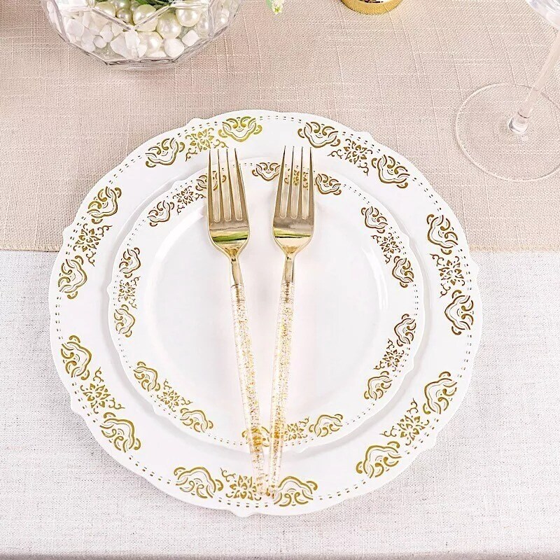 24 Clear 8.5&#x22; Plastic Forks Gold Glittered Handle Disposable Party Tableware