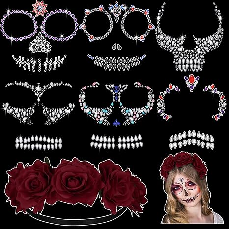 7 Pcs Day of the Dead Face Gems Tattoo and Floral Crown Garland Set, Makeup Halloween Temporary Rhinestone Stick on Skull Tattoo Stickers Red Rose Headband Headpiece for Women Girl Costume