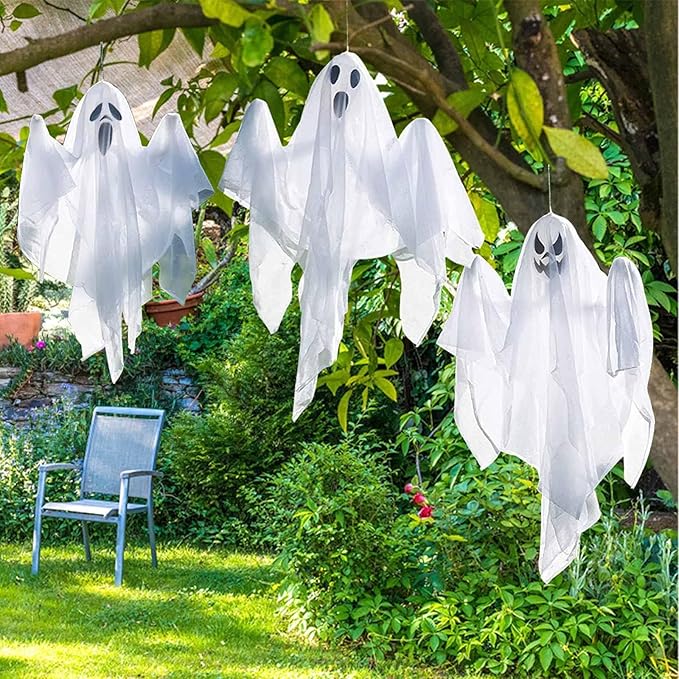 3 Pcs 31.5" Light Up White Hanging Ghost: Flying Ghosts with LED Lights Cute Decor for Halloween Outdoor Tree Yard Haunted House Decorations